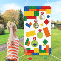 PANTIDE Building Blocks Toss Game Banner with 4 Bean Bags, Fun Indoor Outdoor Party Game Activities for Kids and Adults, Building Blocks Themed Throwing Games Birthday Party Decoration Supplies Set