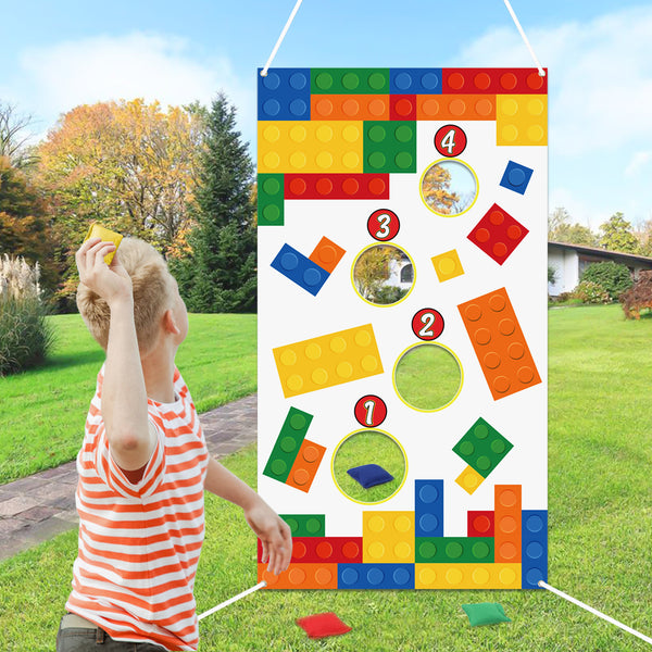 PANTIDE Building Blocks Toss Game Banner with 4 Bean Bags, Fun Indoor Outdoor Party Game Activities for Kids and Adults, Building Blocks Themed Throwing Games Birthday Party Decoration Supplies Set