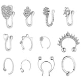 PANTIDE 12 Pcs Fake Nose Rings Hoop Stainless Steel Faux Piercing Jewelry Ear Lip Cartilage Tragus Septum Ring Non-Pierced Clip On Circle Nose Hoop Rings Earrings Cuff for Women Men Girls (Silver)