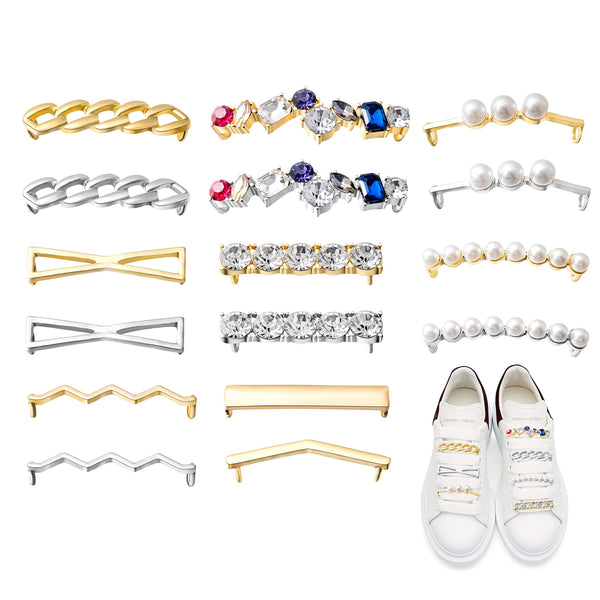 PANTIDE 16 Pieces Shoelaces Clips Decorations Charms with Faux Pearl Rhinestone Crystal Metal DIY Decorative Shoes Clips for Sneakers Skater and Casual Shoes Stylish Creative Accessory for Women Girls
