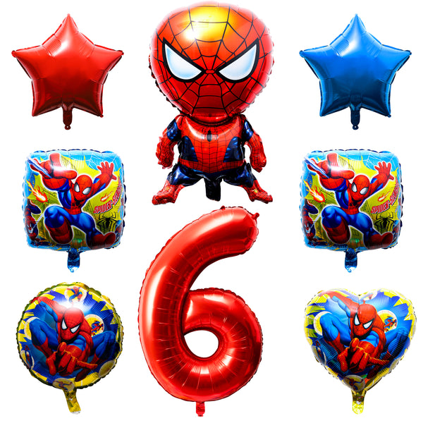 PANTIDE 8Pcs Spiderman Balloons Bouquet 6th Birthday Kit- Avengers Superhero Theme Birthday Party Supplies Favors Decor, Including Giant Number 6 Balloon Quadrate/Round/Star/Heart shaped Foil Balloons