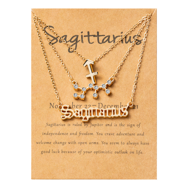 PANTIDE 3Pcs Constellation Zodiac Layer Necklaces for Women Girls, Retro Gold Plated 12 Constellation Pendant Necklace Exquisite Letter Horoscope Old English Zodiac Sign Necklace Jewelry Birthday Gift