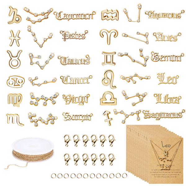 PANTIDE 48Pcs Twelve Constellation Charm DIY Jewelry Making Kit for Women Girls Zodiac Layer Sign Old English Letter Horoscope Pendant with Necklace Display Cards Alloy Chain Lobster Clasps Jump Rings