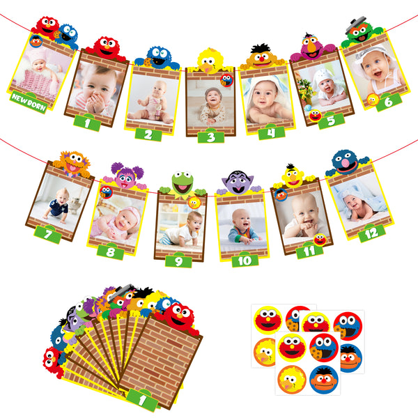 PANTIDE Sesame Friends 1st Birthday Photo Banner for Baby Newborn to 12 Months, Monthly Milestone Photograph Bunting Garland with Stickers, Elmo Cookie Monster Themed First Birthday Party Decorations