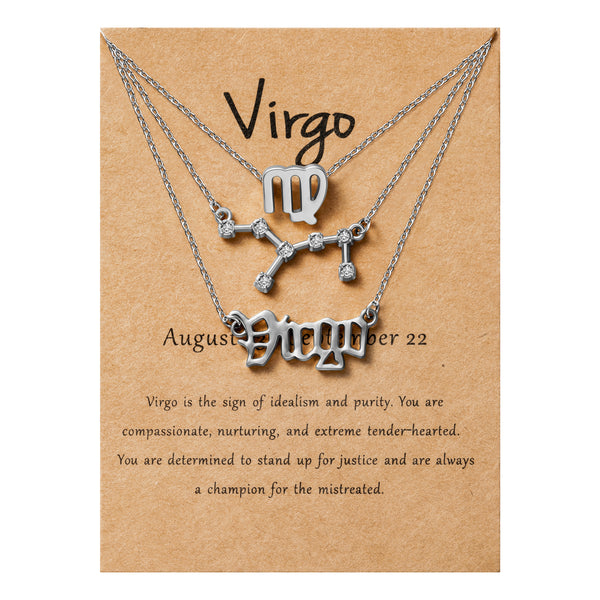 PANTIDE 3Pcs Constellation Zodiac Layer Necklace for Women Retro Gold Plated 12 Constellation Pendant Necklace Exquisite Letter Horoscope Old English Zodiac Sign Necklace Jewelry Birthday Gift(Silver)