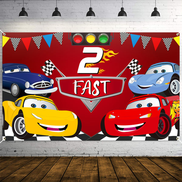 PANTIDE Race Car 2nd Birthday Party Backdrop Decoration, Two Fast Photography Background Banner, Large Poster Party Photo Props Wall Décor, Let’s Go Racing Party Supplies for Baby Boys Two Years Old