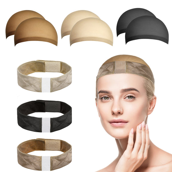 PANTIDE Lace Wig Grip Band with Stocking Wig Caps, 3Pcs Velvet Comfort WiGrip Band Adjustable Wig Elastic Bands Non Slip Hair Band, 6Pcs Beige Wig Caps Stretchy Nylon Wig Caps for Women Girls