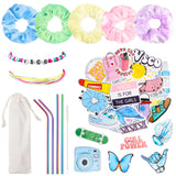 PANTIDE 63Pcs VSCO Starter Stuff Pack Set Vsco Accessories- Velvet Hair Scrunchies, VSCO Stickers, Adjustable Wave Strand Beads Bracelets, Reusable Stainless Steel Straws with Brush and Storage Bag