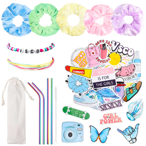 PANTIDE 63Pcs VSCO Starter Stuff Pack Set Vsco Accessories- Velvet Hair Scrunchies, VSCO Stickers, Adjustable Wave Strand Beads Bracelets, Reusable Stainless Steel Straws with Brush and Storage Bag
