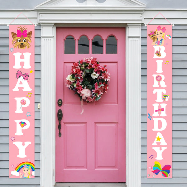 PANTIDE Jojo Happy Birthday Porch Sign, Pink Welcome Door Banners Vertical Polyester Fabric Wall Hanging Decors for Indoor and Outdoor, Jojo Themed Birthday Party Decorations Supplies for Kids Girls