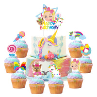 PANTIDE Set of 49 JOJO Cake Toppers Cupcake Toppers - HAPPY BIRTHDAY JOJO Cake Topper, Rainbow Bow Unicorn Puppy Lollipop Donut Microphone Cupcake Toppers – JOJO Birthday Party Decorations for Girls