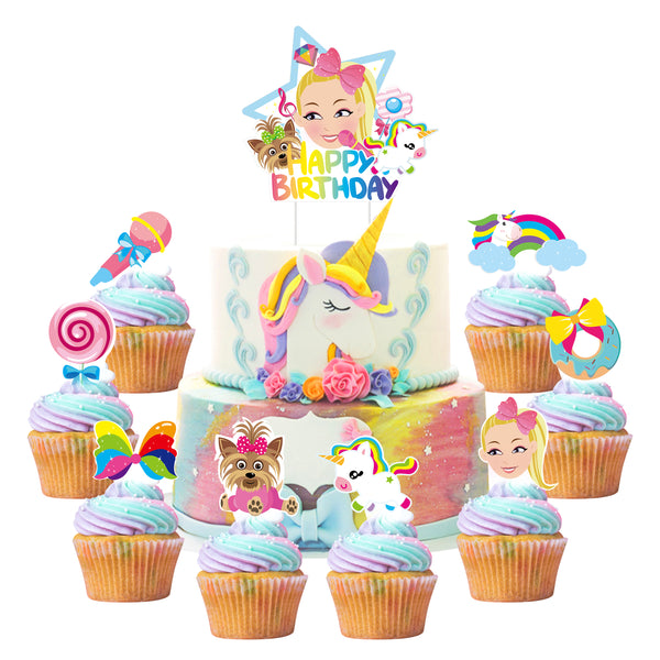 PANTIDE Set of 49 JOJO Cake Toppers Cupcake Toppers - HAPPY BIRTHDAY JOJO Cake Topper, Rainbow Bow Unicorn Puppy Lollipop Donut Microphone Cupcake Toppers – JOJO Birthday Party Decorations for Girls