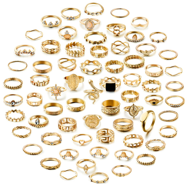 PANTIDE 69Pcs Vintage Knuckle Rings Set Snake Chain Chunky Dome Crystal Carved Stackable Finger Joint Rings Retro Bohemian Plated with Gold Minimalist Statement Size Mixed Midi Rings for Women Girls