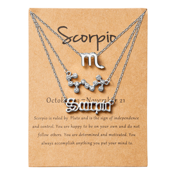 PANTIDE 3Pcs Constellation Zodiac Layer Necklace for Women Retro Gold Plated 12 Constellation Pendant Necklace Exquisite Letter Horoscope Old English Zodiac Sign Necklace Jewelry Birthday Gift(Silver)