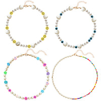 PANTIDE 4 Pcs Bead Pearl Choker Necklace for Women Girls Bohemian Smiley Face Flower Evil Eyes Imitation Pearl Aesthetic Jewelry Chain Assorted Rainbow Handmade Y2K Boho Glass Beads Choker Bracelet