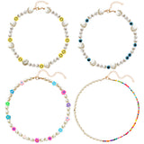 PANTIDE 4 Pcs Bead Pearl Choker Necklace for Women Girls Bohemian Smiley Face Flower Evil Eyes Imitation Pearl Aesthetic Jewelry Chain Assorted Rainbow Handmade Y2K Boho Glass Beads Choker Bracelet