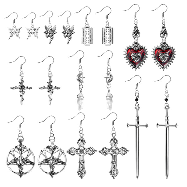 PANTIDE 9 Pairs Gothic Punk Grunge Earrings Set Vintage Fairycore Retro Silver Trendy Rock Harajuku Ear Accessories Butterfly Cross Razor Blade Heart Crystal Sword Drop Dangle Jewelry for Women Girls