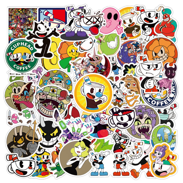 PANTIDE 53Pcs Cupheader Stickers Pack- Colorful Vinyl Waterproof Stickers for Bottles Books Suitcase Phone Computer Wall Table with DIY Decoration, Cartoon Graffiti Stickers Gift for Kids Teens Adults