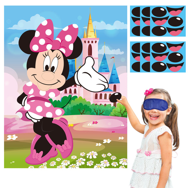 PANTIDE Pin The Nose and Mouth on Minnie Party Game, Make-a-Face Sticker Games with Large Poster and Blindfolds, Fun Outdoor Indoor Activity for Kids Minnie Themed Birthday Party Decoration Supplies