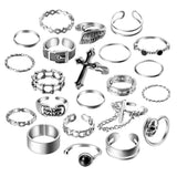 PANTIDE Vintage Punk Rings Set Gothic Knuckle Midi Rings Adjustable Alloy Chain Belt Cross Stackable Finger Half Open Rings Cool Fashion Joint Jewelry for Women Men (Silver) 22Pcs