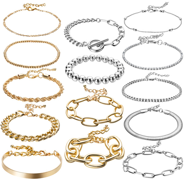 PANTIDE 14Pcs Gold&Silver Chain Bracelets Set Stackable Metal Links Adjustable Layered Cuban Chunky Boho Beads OT Toggle Paperclip Bangle Bracelets Fashion Jewelry Gifts for Women Girls