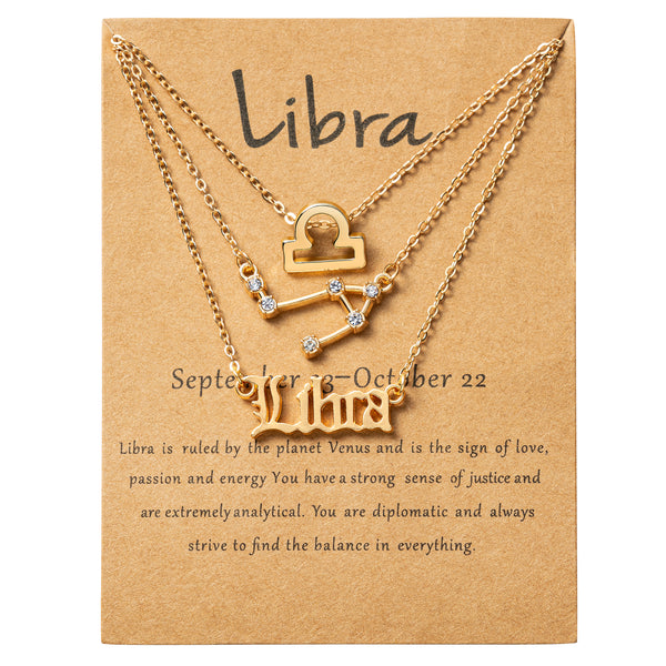 PANTIDE 3Pcs Constellation Zodiac Layer Necklaces for Women Girls, Retro Gold Plated 12 Constellation Pendant Necklace Exquisite Letter Horoscope Old English Zodiac Sign Necklace Jewelry Birthday Gift