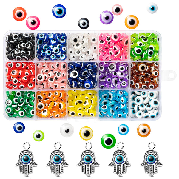 PANTIDE 606 Pcs Evil Eye Beads Charms for Jewelry Making, Including Antique Silver Hamsa Hand Charms of Fatima Symbol, Assorted Size Flat Evil Eye Spacer Beads DIY Jewelry Craft Making Kit, 15 Colors