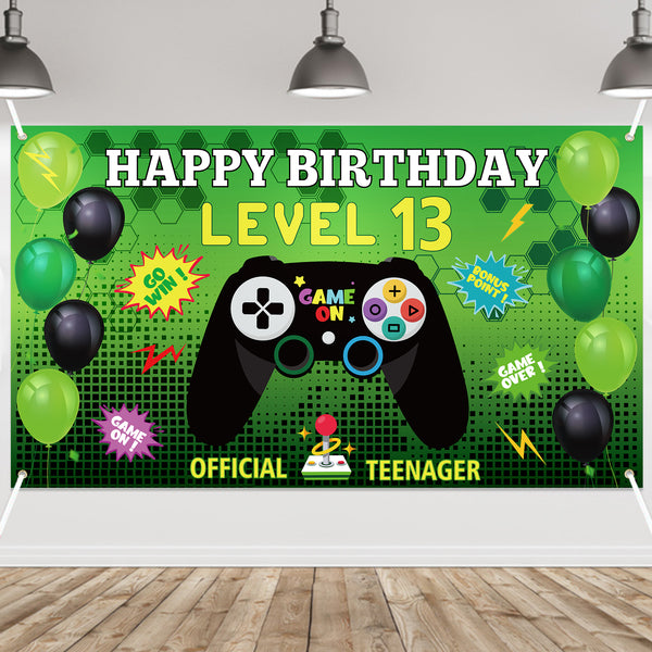 PANTIDE Level 13 Video Game Happy Birthday Backdrop Banner- Level Up Birthday Party Decorations Supplies, Game Controller Balloon Banner Background, Game On Party Large Poster Accessory (6.6 x 3.8ft)