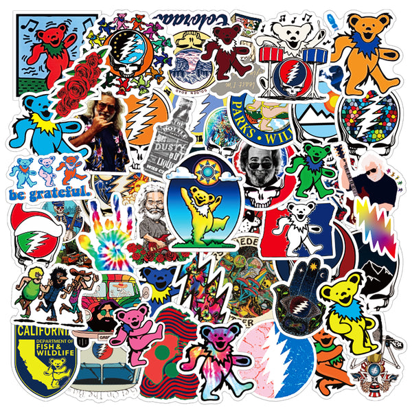 PANTIDE 53Pcs Grateful Bears Stickers Vinyl Waterproof Dancing Rock Band Bears Stickers for Laptop Bottles Skateboard Vehicles Electric Guitar Bass Drum Phone Cartoon Bears Graffiti Decals Gift