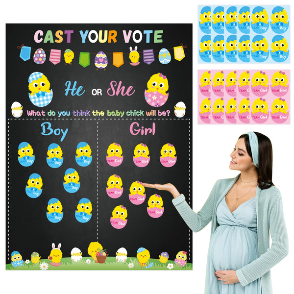 PANTIDE Easter Baby Chick Gender Reveal Party Games for Guests Cast Your Vote He or She Gender Reveal Poster with Team Boy or Team Girl Chick Voting Stickers for Spring Baby Shower Party Supplies