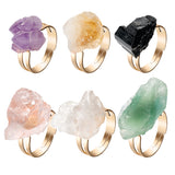 PANTIDE 6Pcs Crystal Raw Stone Rings Irregular Gemstone Open Rings Adjustable Nature Stone Rings Jewelry Gift Purple Yellow Pink White Crystal Green Fluorite Obsidian Rings for Women Girls (Gold)