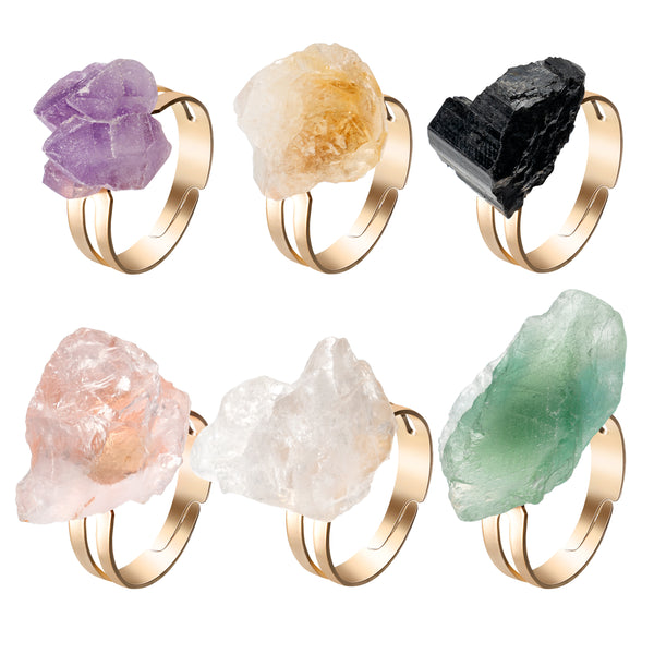 PANTIDE 6Pcs Crystal Raw Stone Rings Irregular Gemstone Open Rings Adjustable Nature Stone Rings Jewelry Gift Purple Yellow Pink White Crystal Green Fluorite Obsidian Rings for Women Girls (Gold)