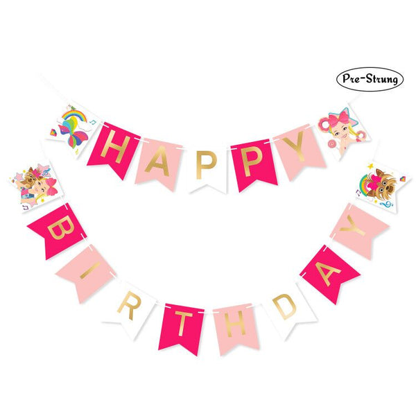 PANTIDE JOJO Happy Birthday Banner with Golden Sparkle Letters, Pink JOJO Themed Birthday Party Decorations, Pre-Assembled Swallowtail Bunting Flag Garland Hanging Decor for Girls Birthday Baby Shower