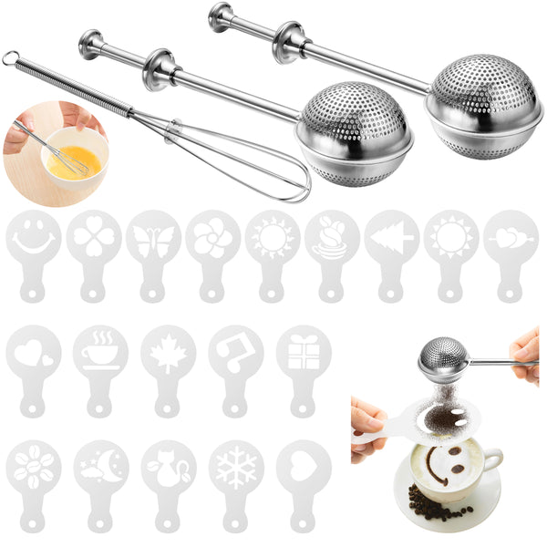 PANTIDE Dusting Wand for Sugar Flour and Spices, Easy One-handed Operation Handle Powdered Sugar Shaker Duster Stainless Steel Baking Tools and Accessories with Mini Whisk and 19Pcs Stencils Templates