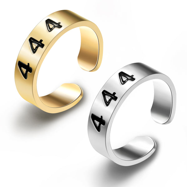 PANTIDE 2Pcs Angel Number 444 Stamped Rings Set Alloy Gold Plated Personalized Lucky Number 444 Charm Adjustable Numerology Rings Trendy Jewelry Birthday Gift for Women Men Girls (Gold & Silver)