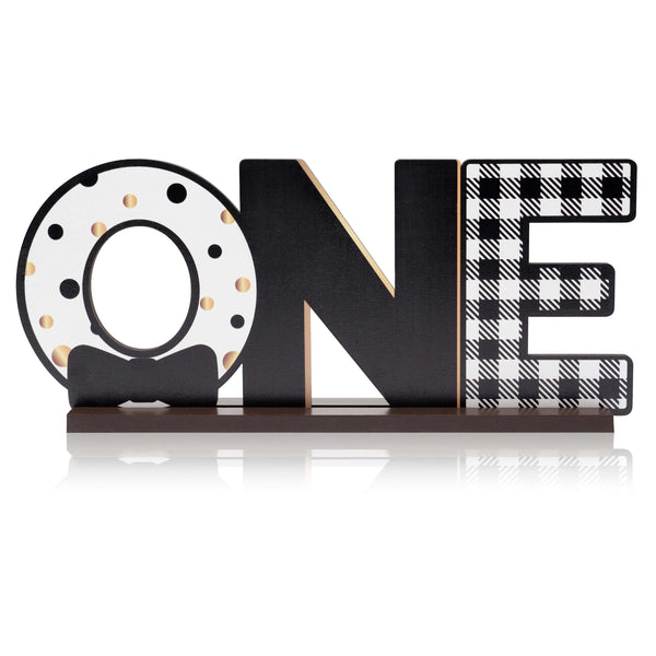 PANTIDE Mr. Onederful ONE Letter Sign Wooden Table Centerpiece for Baby Boys Little Man 1st Birthday Party Decorations Black White and Gold Checkered Bow Tie Table Decor Baby Shower Cake Smash Props