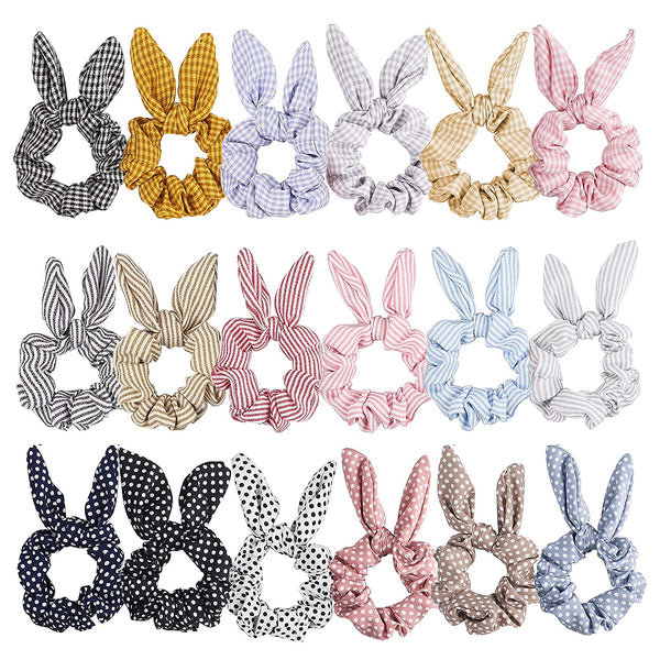 PANTIDE 18 Packs Rabbit Bunny Ear Hair Scrunchies Ponytail Holder Bobbles, Soft Elastic Bow Scrunchy Hair Ties Hair Bands Accessories for Women Girls, Stripes/Wave Point/Waffle