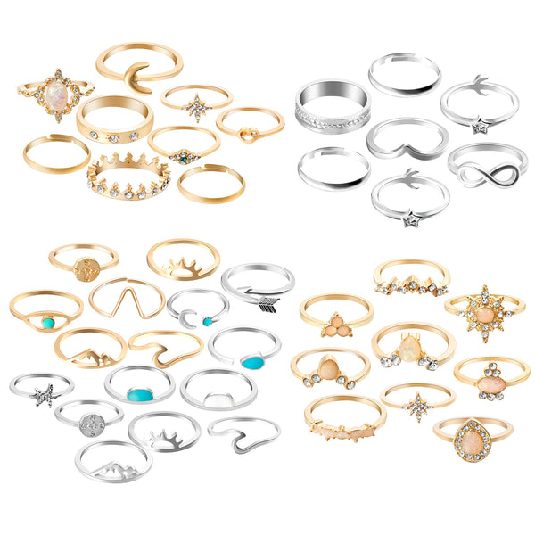 PANTIDE 55Pcs Boho Star Moon Knuckle Ring Set for Women Girls Vintage Stackable Trendy Finger Midi Rings Jewelry Bohemian Hollow Carved Flowers Gold&Silver Rings Crystal Joint Rings with Storage Bag