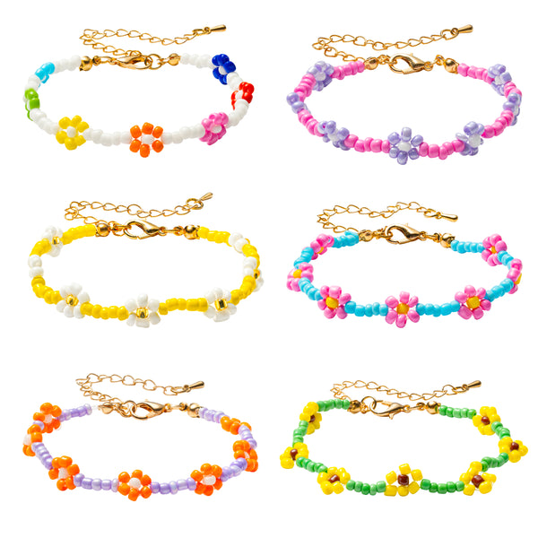 PANTIDE 6Pcs Colorful Daisy Flower Bead Bracelets Set Indie Handmade Beaded Flower Bracelets Anklets Vsco Boho Beach Summer Braided String Y2K Aesthetic Kidcore Jewelry with Flowers for Women Girls
