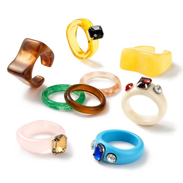 PANTIDE 9Pcs Retro Resin Acrylic Diamond Ring Colorful Y2K Jewelry Acrylic Giadeh Vintage Chunky Stacking Plastic Rings Cute Thin Thick Transparent Band Stackable Figure Accessory Gift for Women Girls