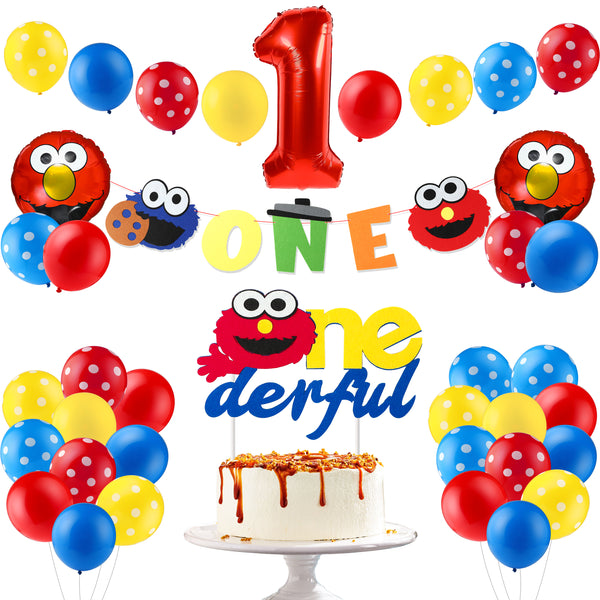 PANTIDE 42Pcs Sesame Birthday Party Decorations Kit - 1st Elmo Balloons Photo Prop, Sesame Onederful Cake Topper, Elmo Cookie Monster Banner, Great Sesame Theme Party Supplies for One Year Old Kids
