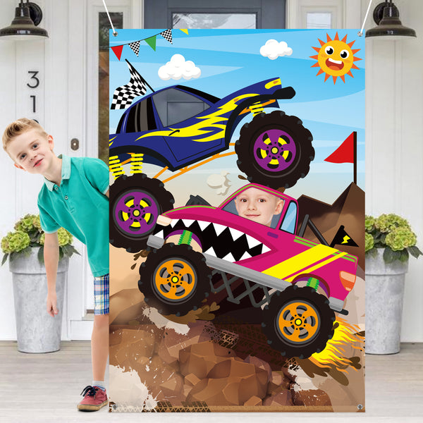 PANTIDE Monster Truck Photo Door Banner Backdrop Props Large Satin Photo Background Face Photography Banner Decor Monster Truck Theme Party Favor Supply Decorations Funny Party Games for Adult Kids