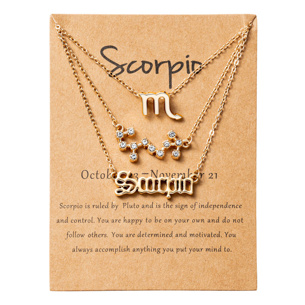 PANTIDE 3Pcs Constellation Zodiac Layer Necklaces for Women Girls, Retro Gold Plated 12 Constellation Pendant Necklace Exquisite Letter Horoscope Old English Zodiac Sign Necklace Jewelry Birthday Gift