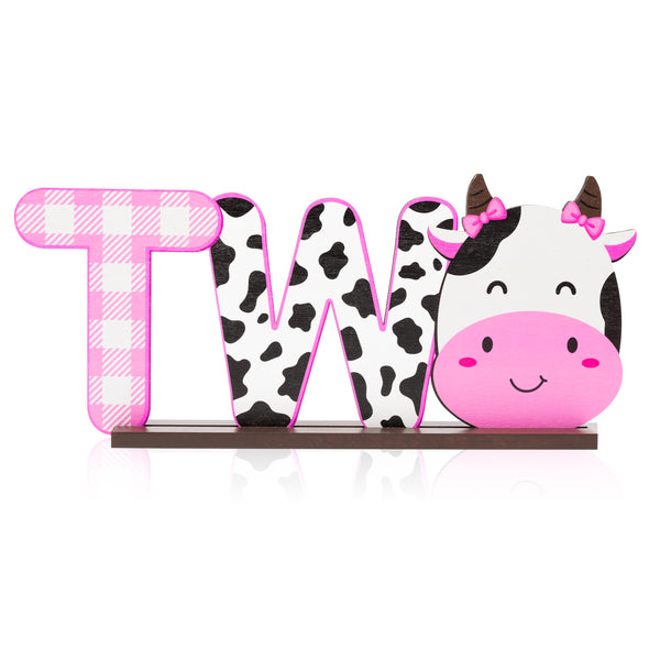 PANTIDE Cow Two Letter Sign Wooden Table Centerpiece for Baby Girls Pink Cow Second Birthday Decoration Pink Farm Barnyard Animals 2nd Table Sign Party Supplies for Baby Shower Cake Smash Photo Props