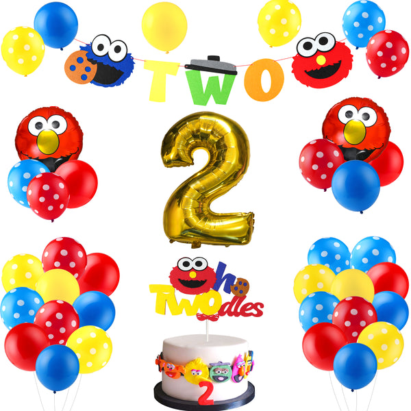 PANTIDE 42Pcs Sesame Birthday Party Decorations Kit - 2nd Elmo Balloons Photo Prop, Sesame Twodles Cake Topper, Elmo Cookie Monster Banner, Great Sesame Theme Party Supplies for Two Year Old Kids
