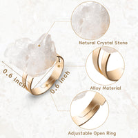PANTIDE 6Pcs Crystal Raw Stone Rings Irregular Gemstone Open Rings Adjustable Nature Stone Rings Jewelry Gift Purple Yellow Pink White Crystal Green Fluorite Obsidian Rings for Women Girls (Gold)