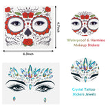 PANTIDE Day of the Dead Sugar Skull Temporary Face Tattoos Rhinestone Stickers Face Gems Makeup Jewelry with Red Black Rose Floral Crown Headband for Women Girls Dia De Los Muertos Halloween Costume