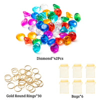 PANTIDE 78Pcs Acrylic Diamond Gems Jewels Alloy Gold Round Ring Set The Blue Hedgehog Chaos Emeralds Power Rings Party Favor Supplies Cake Decoration Pirate Treasure Chest Hunt for Kids with Bag