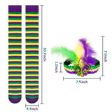 PANTIDE 2 Packs Mardi Gras Long Striped Stockings with Feathers Headband for Women Girls- Colorful Striped Socks Thigh High Tall(One Size), Purple Yellow Green Sequin Flapper Elastic Headband