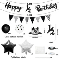 PANTIDE 6 Months Birthday Decorations Set for Baby Boy, Black & White Happy 1/2 Birthday Triangle Flag Banner Glitter 1/2 Cake Topper Crown Hat Latex Foil Balloons for Half Year Birthday Baby Shower